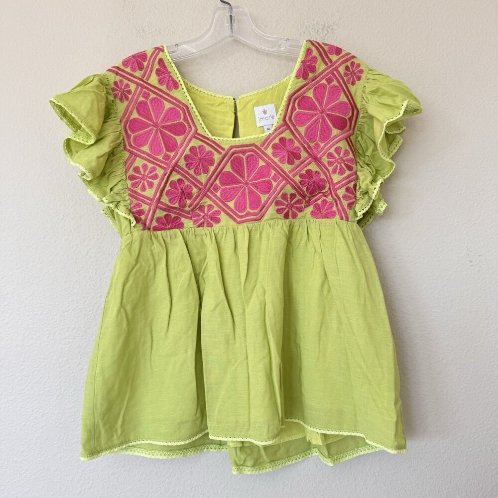 J Marie Embroidered Rowan Flutter Sleeve Lime Top size Medium Retail $106 - Picture 4 of 9